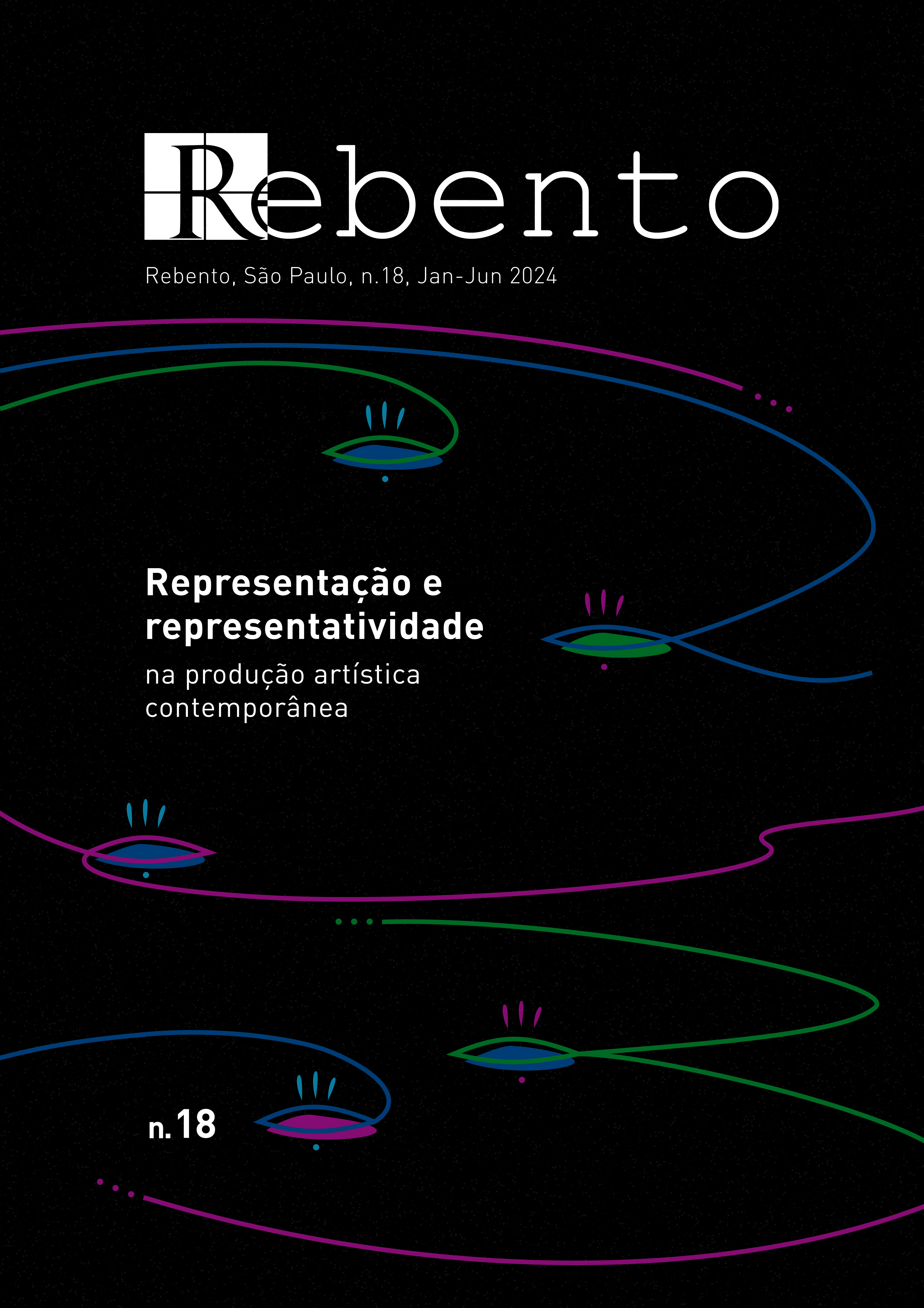 Desenho abstrato com linhas em rosa, azul e verde, formando pequenas céluas na forma de olhos sobre fundo preto